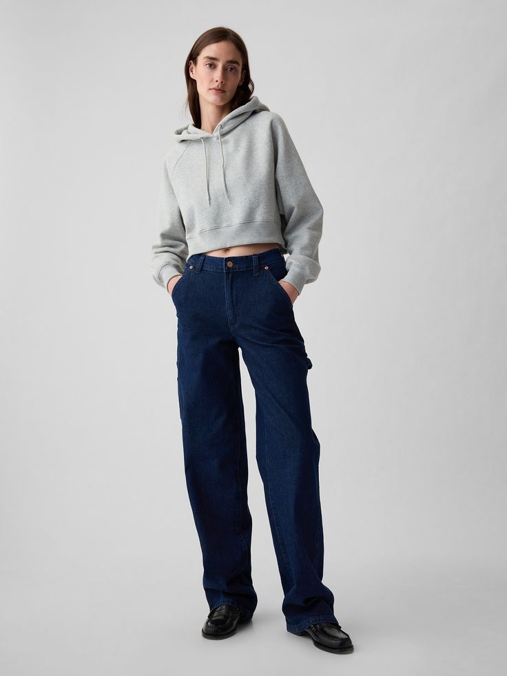 Fit: A full-length loose jean that's fitted on the waist & relaxed all the way down.  Fabric: 99% Organic Cotton, 1% Stretch.  Stretch: Low Stretch Jeans.  Authentic denim with a soft & easy lived-in feel. ​ Rise: Mid Rise Jeans.  Look: A carpenter jean in a dark indigo wash.  Details: Zip fly, front slant pockets, back patch pockets, carpenter loop & pockets at side.  Responsibly Made: This pair of jeans is part of our water-saving Washwell program.  Compared to conventional wash methods, Washw Jeans Look, Water Saving, Inspo Board, Loose Jeans, Dark Indigo, Carpenter Jeans, Gap Jeans, Mid Rise Jeans, Stretch Jeans