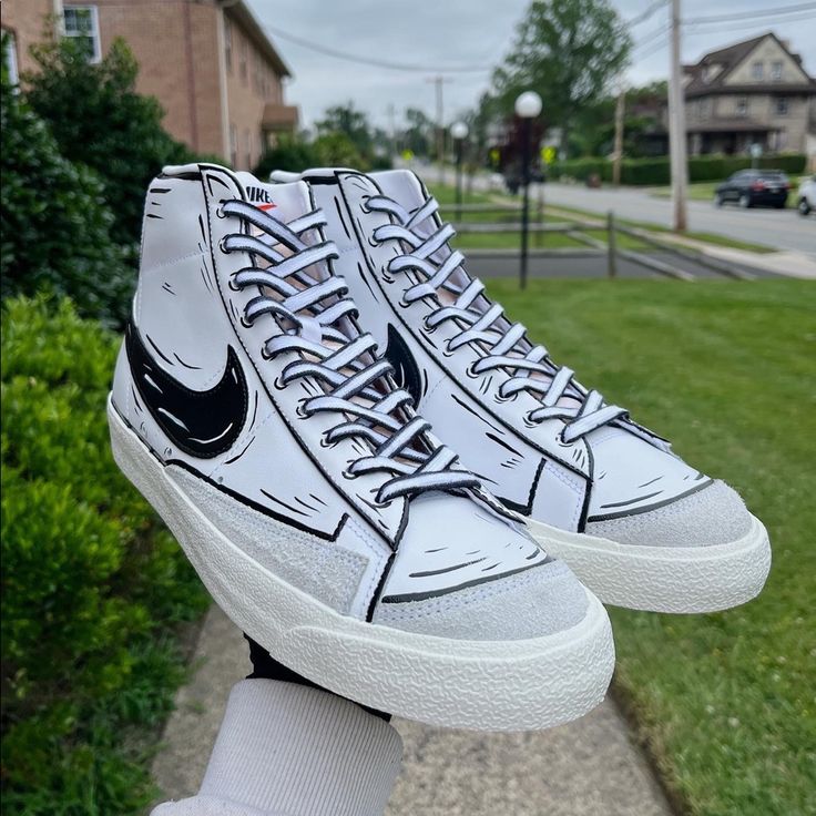 Purchase On My Custom Sneaker Instagram (@_lacedbylee) For $50 Cheaper Custom Painted Nike Blazers (High Top) “Cartoon” Style Design Hand Painted With Angelus Leather Paint Sealed And Finished With Angelus Finisher Waterproof & Scratch Resistant Colors Can Be Adjusted To Your Liking Design Can Be Done With Any Shoe All Sizes Available!!! (Men’s, Women’s & Kids) Processing Time : 2-3 Weeks Nike Blazer Custom, Nike Blazers High, Nike Shoes Custom, Paul George Shoes, Sneakers Instagram, Mens Grey Shoes, Dirty Shoes, Painted Nikes, Royal Blue Shoes