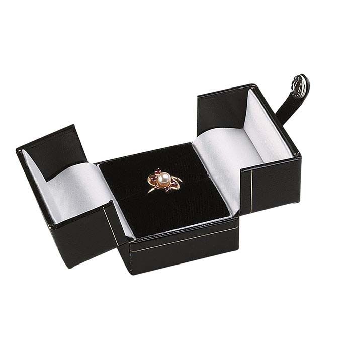 This faux-leather gift box opens at the center, creating an eye-catching presentation for a custom ring; this box is ideal for gift purchases. It features gold-color filigree borders and a secure, snap-tab closure. Add a decorative ribbon, wrapping paper or bow to customize the box. Black faux leather covers the cardboard box; velvet and satin line the interior. Each box is delivered in a two-piece packer. Hot stamp your gift box with your company name or logo, keeping you top-of-mind long after Formal Rectangular Jewelry With Original Box, Gold Rectangular Jewelry Storage Case For Gift, Elegant Rectangular Keepsake Jewelry, Formal Jewelry With Box Included For Gift, Formal Jewelry Storage Box With Gift Box, Formal Jewelry With Box For Gifting, Rectangular Jewelry Storage With Box For Gift, Rectangular Jewelry With Gift Box For Anniversary, Rectangular Jewelry Storage Box For Gifts