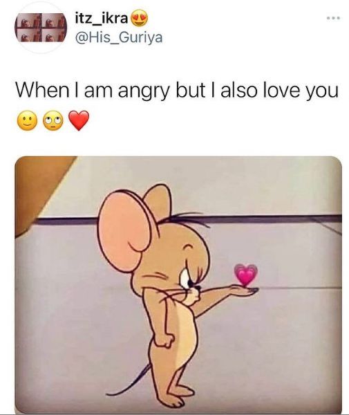 a cartoon mouse holding a heart with the caption when i am angry but i also love you