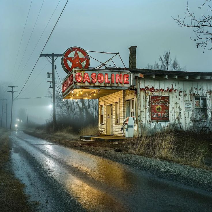 an old gas station sits on the side of a road