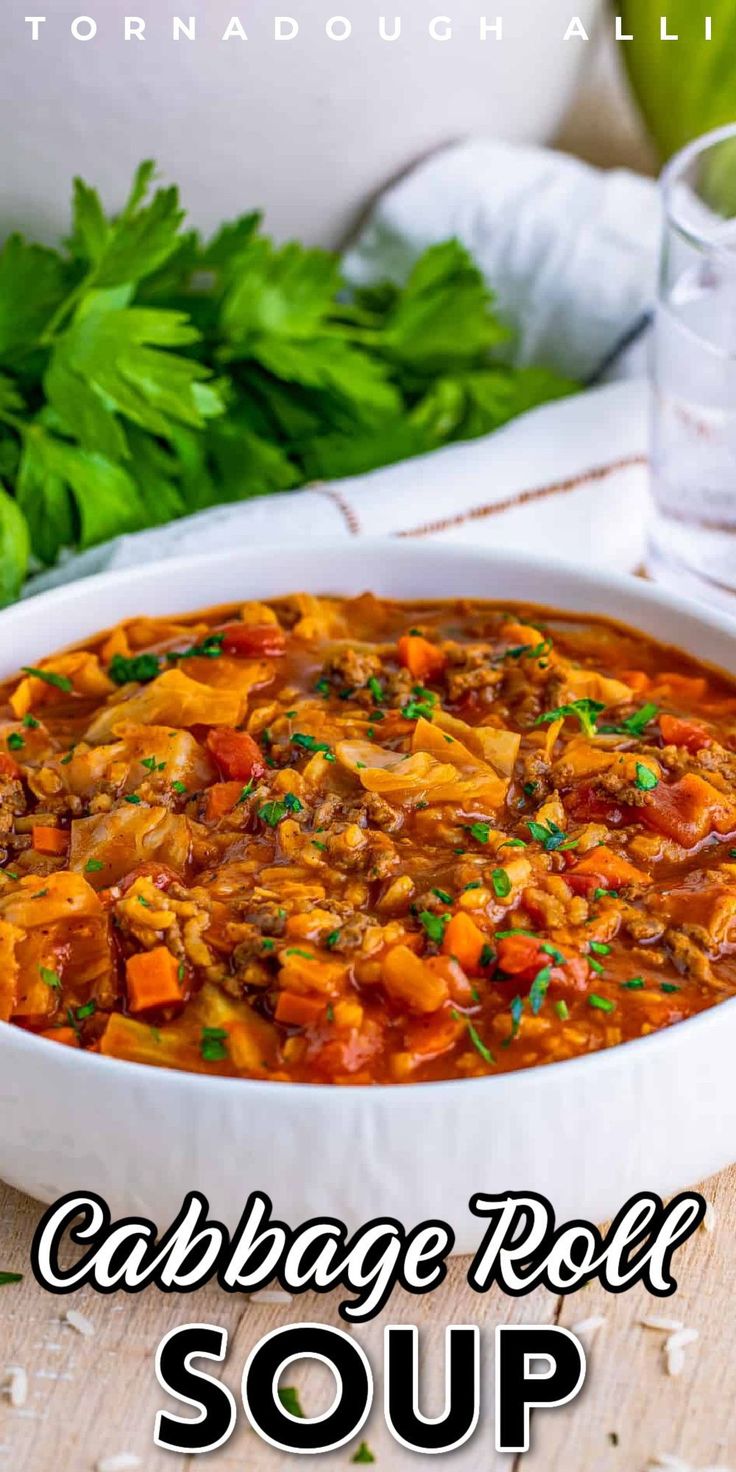 cabbage beef soup in a white bowl with parsley on the side