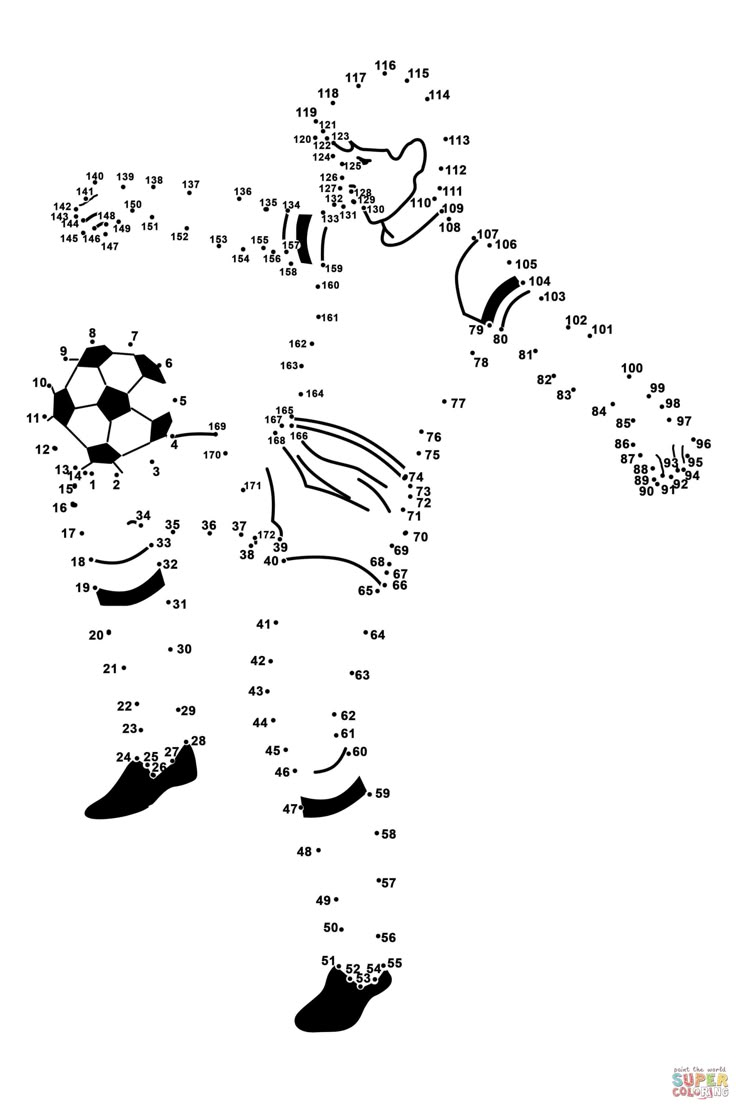 soccer player dot to dot game with ball and numbers on the side line, for children