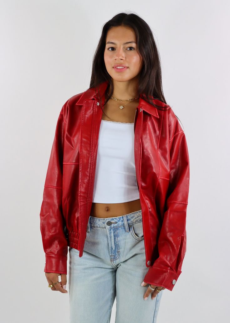 Make a bold statement with this Oversized PU Leather Bomber Jacket in vibrant red! With its oversized fit and sleek design, it's perfect for adding a pop of color to any outfit. The PU leather exterior offers an edgy, stylish touch, while the soft polyester lining ensures comfort. Pair it with jeans and boots for a standout look that's effortlessly cool. The Details Oversized Fit PU Leather Exterior Bold Red Color Shell: 55% Polyester, 45% Polyurethane Lining: 100% Polyester [#other] Hand Wash C Trendy Red Streetwear Outerwear, Trendy Red Outerwear For Streetwear, Edgy Red Outerwear For Streetwear, Urban Red Outerwear For Fall, Red Leather Jacket With Zipper For Streetwear, Edgy Red Leather Jacket For Streetwear, Edgy Red Leather Outerwear, Red Edgy Outerwear With Zipper Closure, Red Leather Outerwear For Streetwear