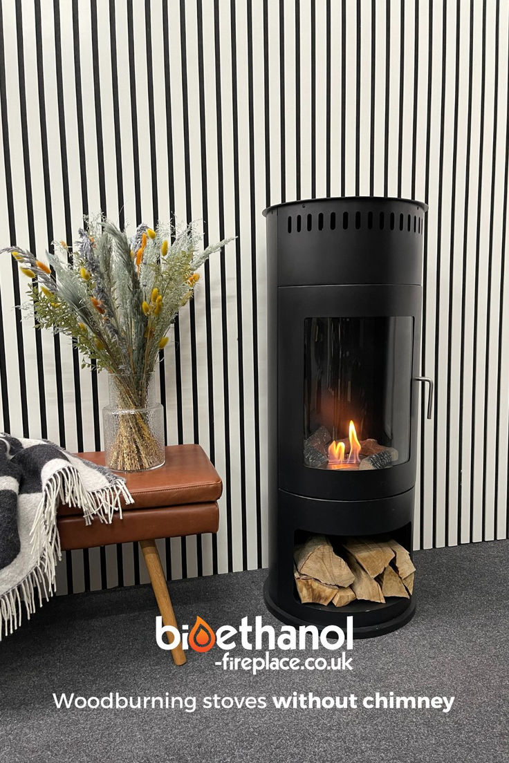 a black and white striped wall next to a fireplace