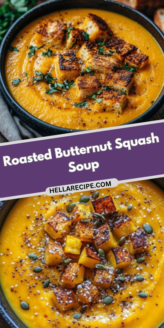 roasted butternut squash soup in a bowl with bread on the side and text overlay reading roasted butternut squash soup