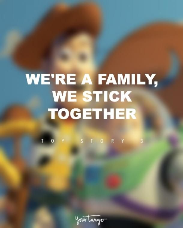 a cartoon character with the words we're a family, we stick together to story 3