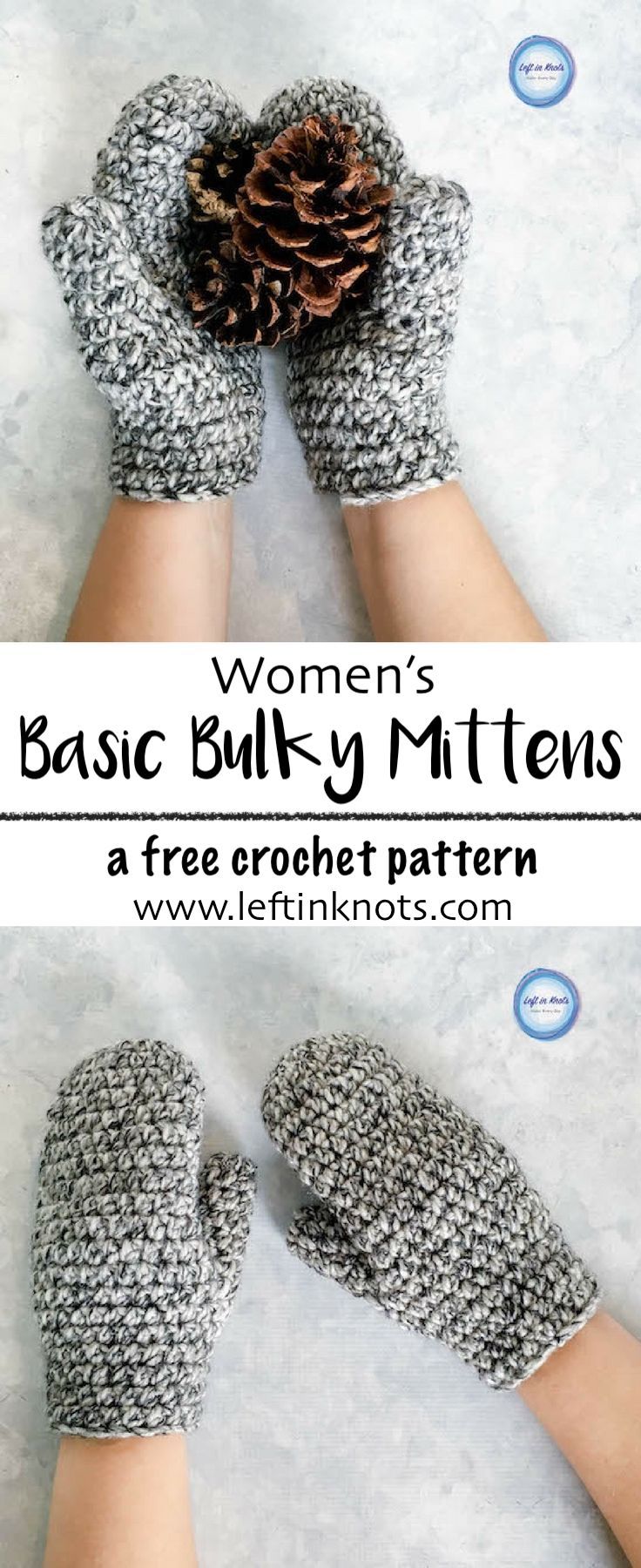 two photos with the words, women's basic knit mittens and free crochet pattern