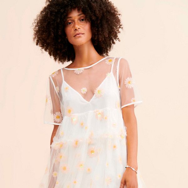 Sparkling Daisies Dress | Nuuly Rent Chic Spring Mesh Midi Dress, Chic Spring Mesh Dress Midi Length, Spring Evening Mesh Dress, Sheer Mini Dress For Summer Garden Party, Feminine Sheer Mini Dress For Summer, Chic Sheer Midi Dress For Garden Party, Summer Cocktail Sheer Dress, Spring Dress Down Mesh Dress, Sheer Midi Evening Dress For Spring