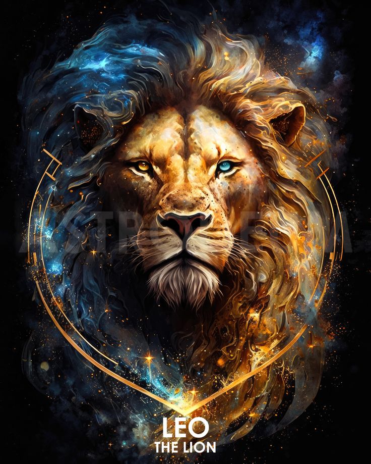 an image of a lion with the words leo on it's chest and blue eyes