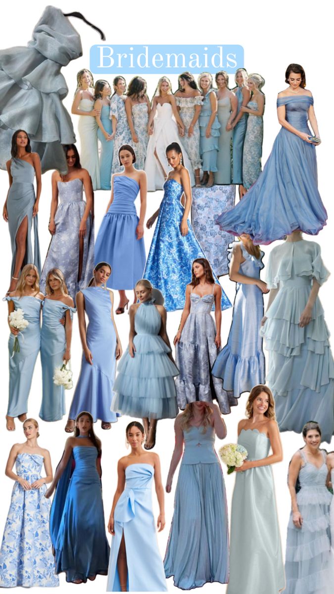 the bridesmaids in blue dresses are all different styles and colors, but one is not