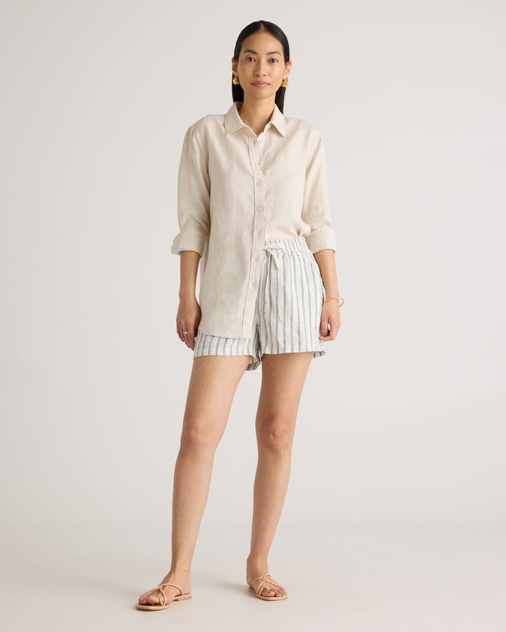 These cute and comfy linen shorts are a summer staple in our wardrobes. Easy to wear for that laidback aesthetic, with a drawstring waist and pockets. Our linen is made from 100% European flax, which is more sustainable and less resource-intensive to grow. Linen is the ultimate temperature-proof fabric because it's breathable and naturally heat-regulating.  | Quince | Women's 100% European Linen Shorts in Oatmeal / Black Stripe, Size Large Laidback Aesthetic, Boyfriend Cardigan, Natural Textiles, Women Shorts, Fabric Structure, European Linens, Re A, Summer Staples, Stepping Out