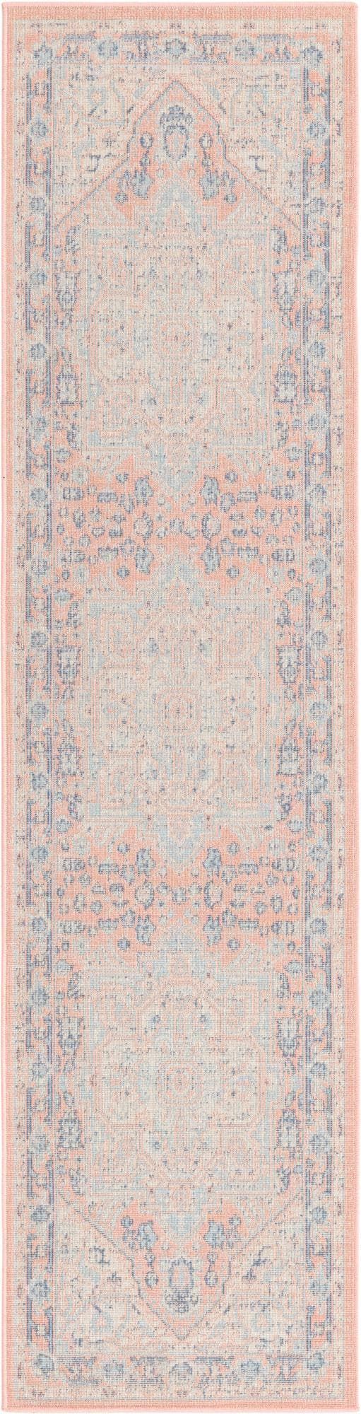 an area rug with pink and blue colors