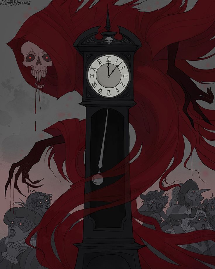 a clock tower with red hair on the front and sides, surrounded by demonic creatures