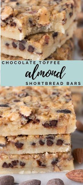 chocolate chip almond almond shortbread bars stacked on top of each other with text overlay