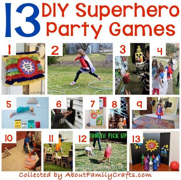 a collage of pictures with the words 13 diy superhero party games