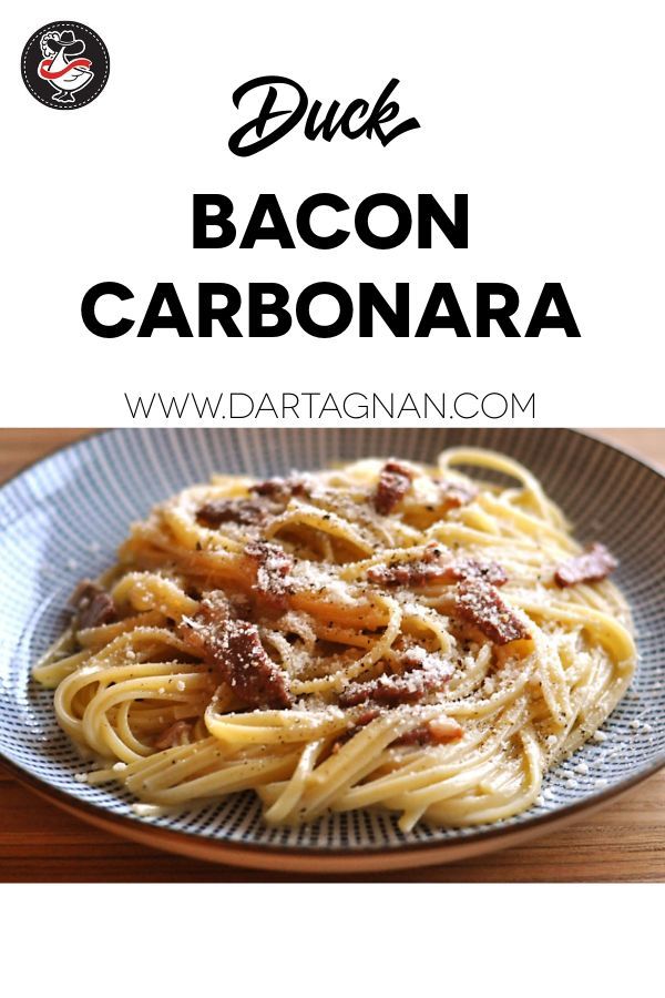 a plate of bacon carbonara pasta on a wooden table with the words duck bacon carbonara above it