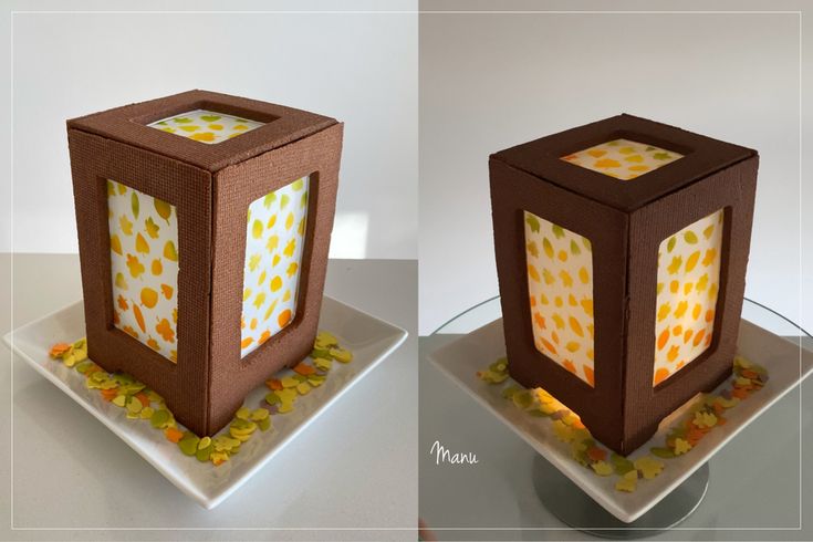 two pictures of a square shaped cake with yellow and orange decorations on it's sides