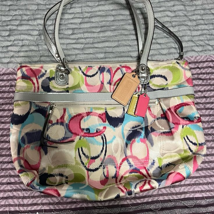 Multicolor Coach Purse. Never Used. Silver Straps. 14 1/2 In. By 11 1/2 Bags Coach, Coach Purse, Coach Purses, Coach Handbags, Coach Bags, Shoulder Bags, Bag Lady, Purse, Shoulder Bag