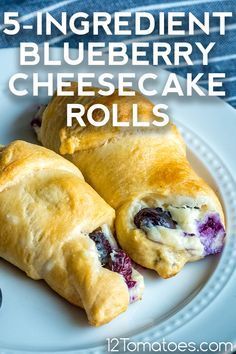 blueberry cheesecake rolls on a white plate with text overlay reading 5 - ingredient blueberry cheesecake rolls