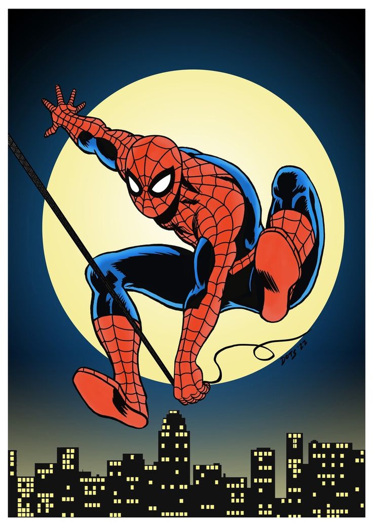 a spider man flying through the air over a city at night in front of a full moon