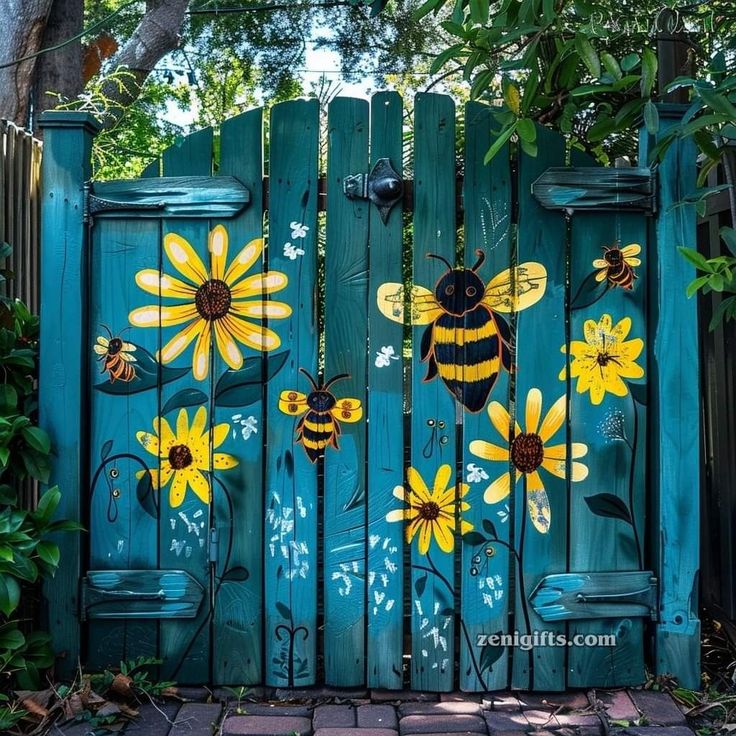 a painted fence with flowers and bees on it