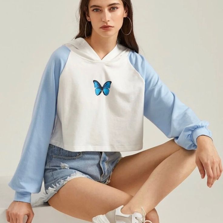 Baby Blue And White Butterfly Cropped Hoodie! New In Bag! Trendy Light Blue Winter Sweatshirt, Trendy Blue Hoodie For Fall, Light Blue Drawstring Hood Sweatshirt For Spring, Trendy Blue Hoodie Sweatshirt, Light Blue Hoodie For Streetwear In Spring, Light Blue Hoodie For Spring Streetwear, Light Blue Hoodie Sweatshirt For Spring, Trendy Light Blue Sweatshirt For Spring, Trendy Light Blue Sweatshirt For Fall