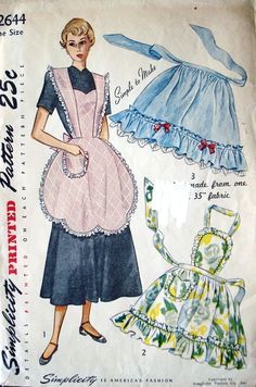 1940's VTG Simplicity Misses' Aprons Pattern 2644 Half Apron Patterns, Vintage Apron Pattern, Pretty Apron, Patron Vintage, Apron Pattern, Apron Sewing Pattern, Embroidered Apron, Retro Apron, Look Retro