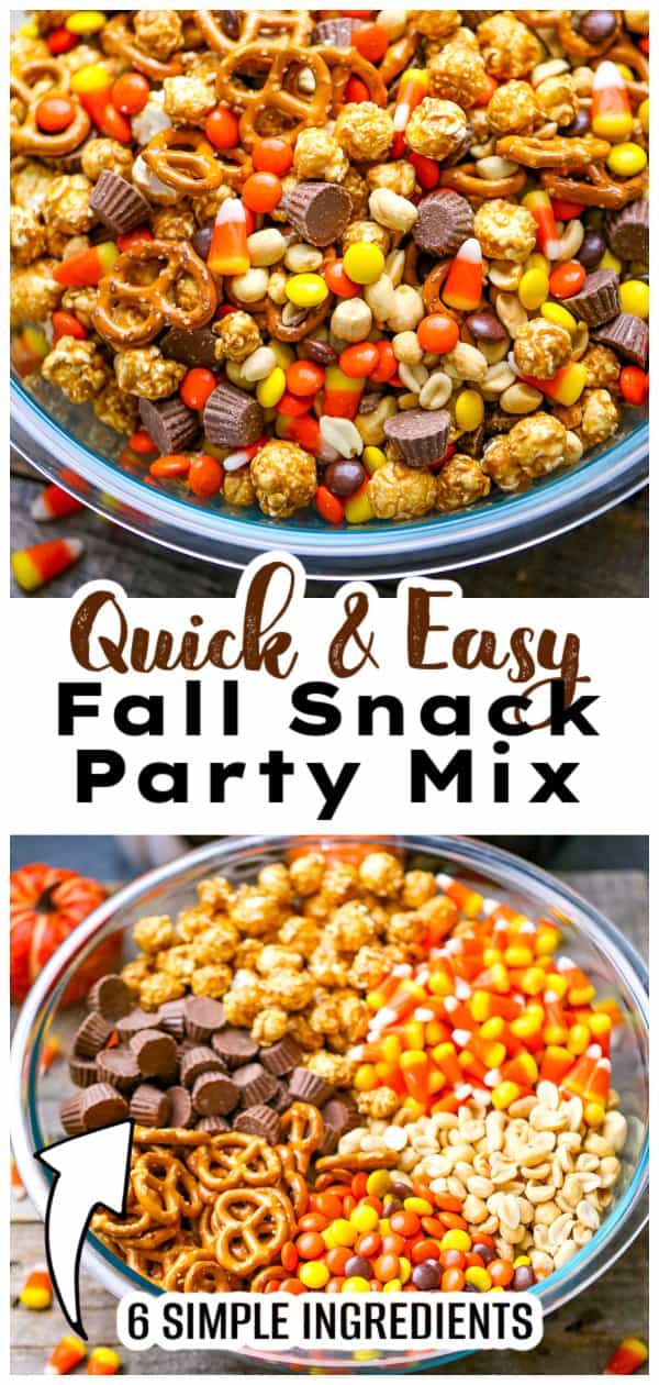 a bowl filled with candy corn, pretzels and chocolate chips next to the words quick & easy fall snack party mix