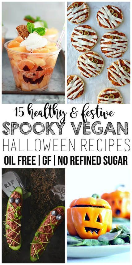 halloween desserts with text overlay that reads 15 really festive spooky vegan halloween recipes