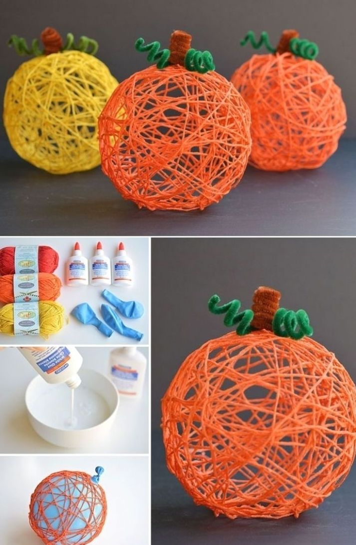 there are three pictures of yarn wrapped pumpkins