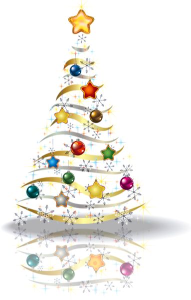 a colorful christmas tree with stars and ribbons on it's top, in front of a white background