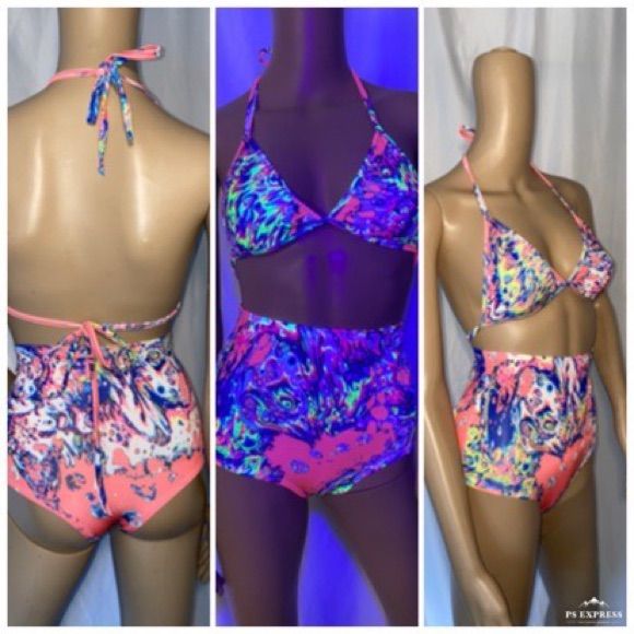 Two-Piece Bikini Is Made Of High-Quality Spandex Fabric. This Set Glows In The Black Light. Tags Party Rave Music Festivals Hot Pants Festival Clothes Rave Wear Rainbow Crop Top Rave Sets Club Night Out Burning Man Edc Coachella Fun Fitted Swimwear For Vacation, Vibrant Fitted Swimwear For Beach Party, Vibrant Fitted Swimwear For Beach, Fun Fitted Swimwear For Poolside, Vibrant Fitted Swimwear With Triangle Top, Vibrant Party Swimwear For Spring, Vibrant Fitted Swimwear, Vibrant Fitted Swimwear For Poolside, Vibrant Fitted Swimwear For Swimming