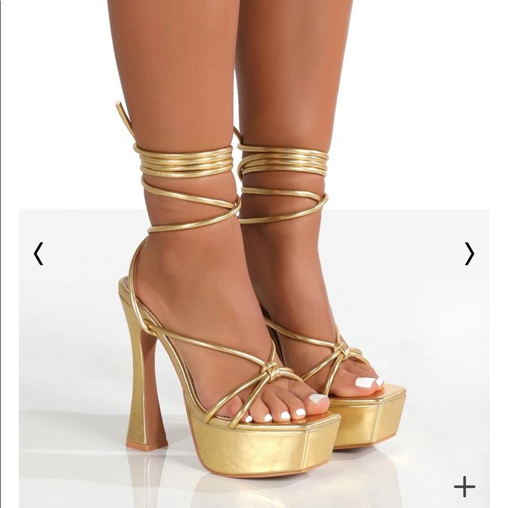 It's Safe To Say That You're Going To Love These Gold Strappy, Chunky Platform Heels . These Statement Heels Will Guarantee To Make Them Stop And Stare. Pair These Gorgeous High Heels With A Slinky Mini Dress And Your Fave Handbag And You're Ready To Party The Night Away! *Brand New, Never Worn* Chunky Platform Heels, Slinky Mini Dress, Public Desire Shoes, Statement Heels, Public Desire, Platform Heels Chunky, Clear Heels, Gold Lace, Chunky Platform