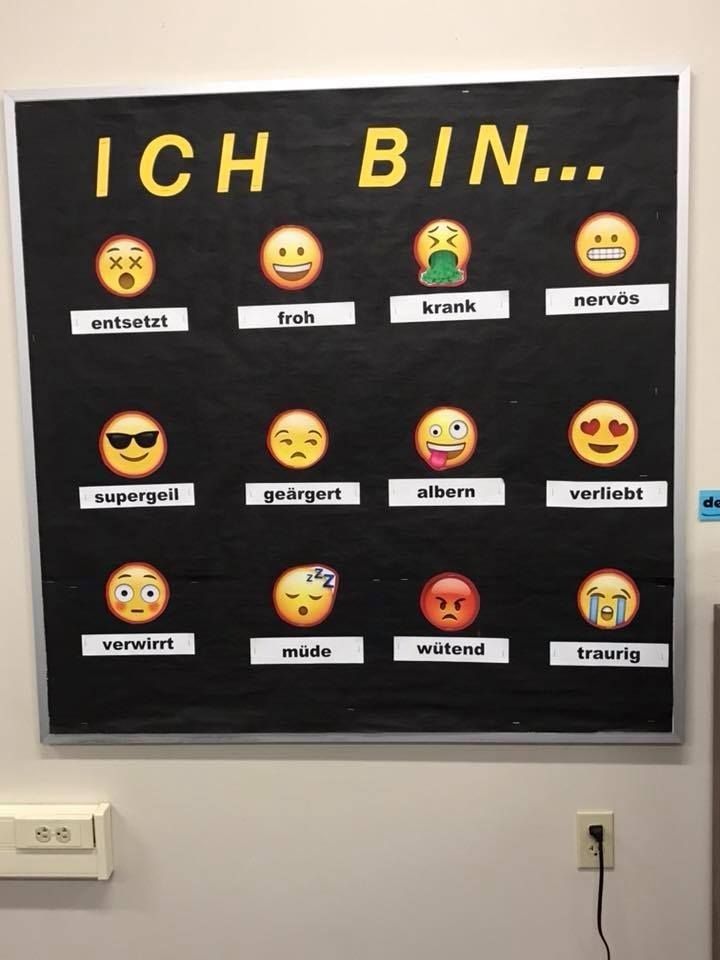 a bulletin board with different emoticions and words written on it, in front of a white wall