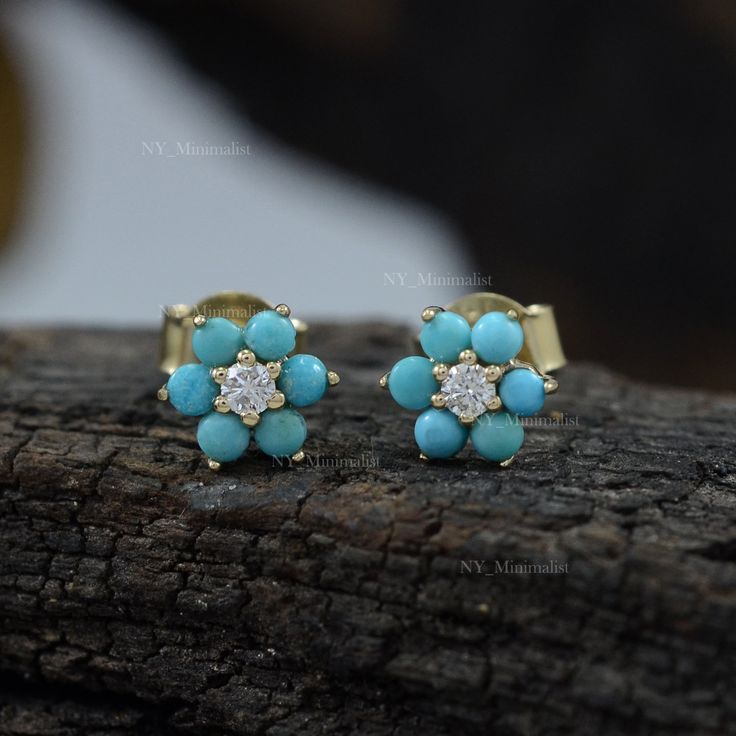 These stud earrings are made with Genuine Sleeping Beauty Arizona Turquoise Gemstone & SI clarity G-H color diamond and 14K solid yellow/ rose/ white gold. * SKU: SGT00372 * Made to Order * Gold Purity: 14K Solid Yellow Gold (stamped) * Custom Gold Color: Rose Gold, Yellow Gold, White Gold * Custom Gold Purity: 9K/14K/18K (Charges Apply) * Diamond 100% Genuine Diamond * Diamond Weight: 0.11 ct. * Diamond Color: G-H * Diamond Clarity: SI1- SI2 * Diamond Cut: Brilliant Cut (Excellent) * Turquo Fine Jewelry Multi-stone Diamond Earrings For Gift, 14k Gold Gemstone Cluster Earrings For Gift, Turquoise Round Birthstone Earrings, Turquoise Birthstone Round Earrings, Blue Diamond Earrings For Gift, Gift Blue Diamond Earrings, Fine Jewelry Cluster Earrings As Gift, Fine Jewelry Turquoise Earrings For Gift, Turquoise Flower Shaped Earrings For Gift