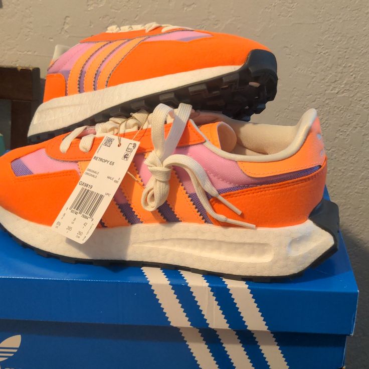 Adidas Retopy E5 Men's 8.1/2 Women's 9 1/2 New With Tag In Original Box Multi Color Orange Lilac 109-130 Online Plus Tax And Shipping Adidas Orange Sneakers For Light Sports, Orange Adidas Sneakers For Light Sports, Sporty Orange Adidas Sneakers, American Football Cleats, Adidas Yung-96, Adidas Deerupt, Adidas Ultraboost Dna, Black And White Football, Adidas Cleats