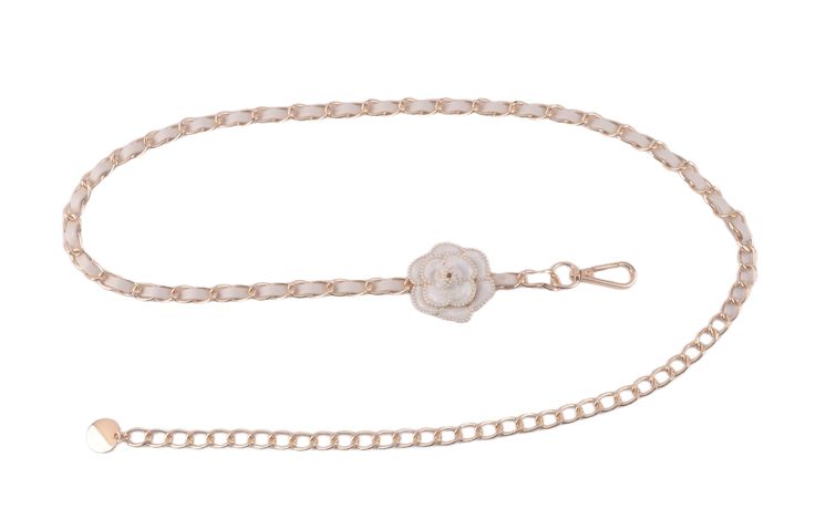 Elevate any ensemble with this exquisite gold chain belt adorned with delicate pearls and a charming floral decal, infusing your look with timeless elegance and feminine allure. Elegant Gold Pearl Chain Belt, Elegant Formal Necklace With Chain Strap, Elegant Chain Belt For Gift, Elegant White Pearl Waist Chain, Elegant Waist Chain With Delicate Chain, Elegant Gold Waist Chain For Party, Elegant White Waist Chain, Elegant Pearl Waist Chain, Elegant Formal Chain Belt With Adjustable Chain