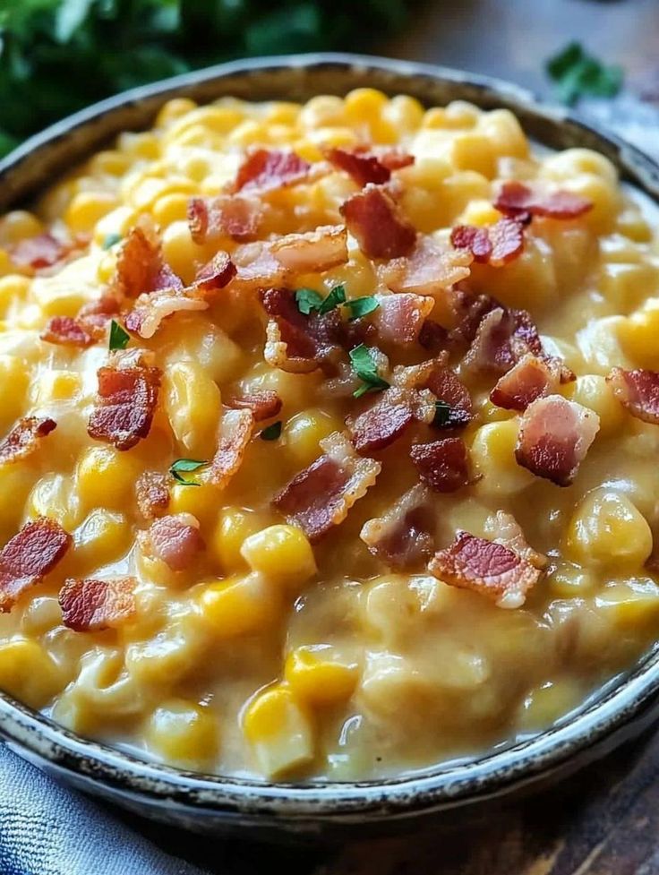 a bowl filled with macaroni and cheese covered in bacon