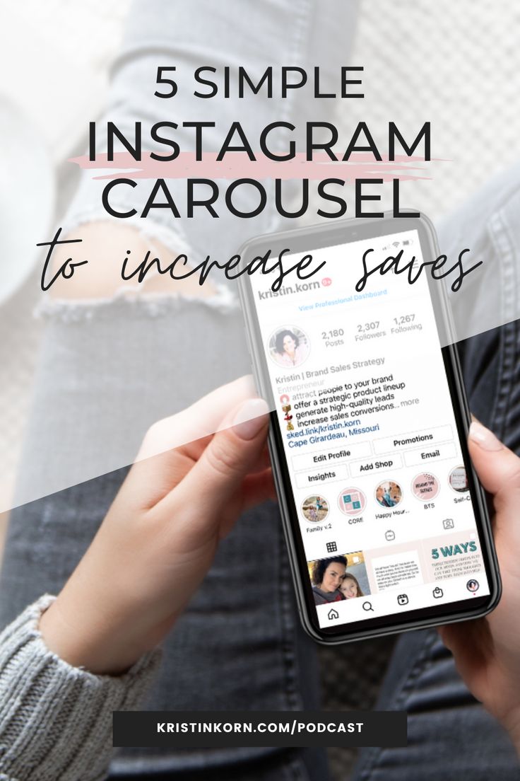 a person holding a cell phone with the text 5 simple instagram carousel to increase sales