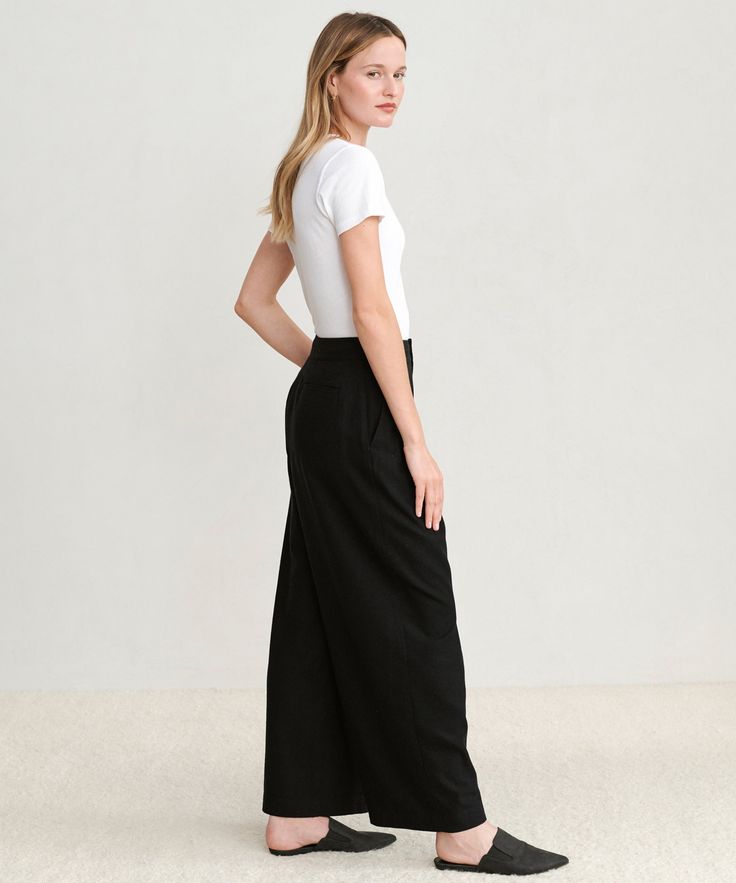 Relaxed Trouser Black Made from textural raw silk for an effortless look that's equally polished and comfortable. With tailored pleats that seamlessly transition into a wide-leg silhouette, the Relaxed Trouser is the definition of California cool. Pair it with a classic cami or tee or embrace an oversized aesthetic from head-to-toe with your favorite lightweight knit. 100% raw silk. Made in China. High-waisted, wide-leg pants with pleats. Elegant Wide Leg Viscose Bottoms, Full-length Viscose Pants For Workwear, Full-length Viscose Workwear Pants, Viscose Full-length Workwear Pants, Elegant Full-length Viscose Bottoms, Elegant Full Length Viscose Bottoms, Chic Evening Bottoms With Straight Hem, Chic Full-length Wide Leg Viscose Pants, Chic Full Length Wide Leg Viscose Pants