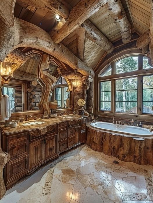 a large bathroom with wood and stone fixtures