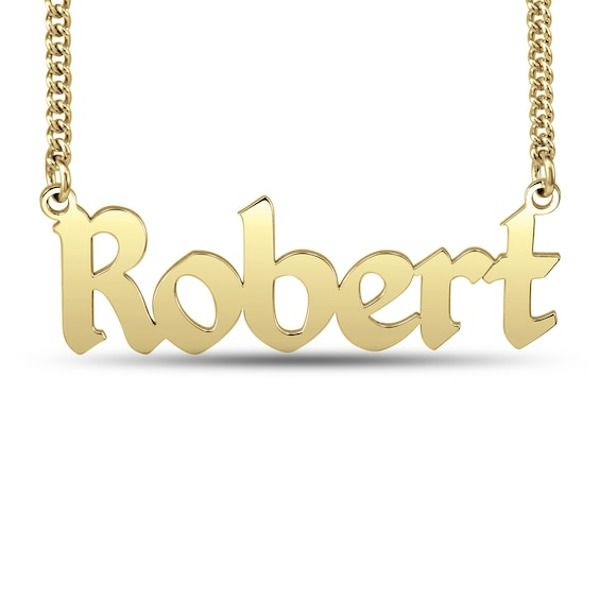 This men's necklace can be Personalized with the single name you select, up to 8 characters maximum, and sculpted in a block font. The design is centered along a 20.0-inch curb chain that secures with a spring-ring clasp. Classic Engraved Nameplate Necklace, Formal Personalized Initial Pendant Name Necklace, Customizable Gold Name Necklace For Formal Occasions, Classic Nameplate Necklace For Personalized Gift, Classic Custom Nameplate Necklace For Personalized Gift, Personalized Hallmarked Nameplate Necklace, Formal Hallmarked Nameplate Necklace, Classic Personalized Pendant Name Necklace, Classic Engraved Name Pendant Necklace