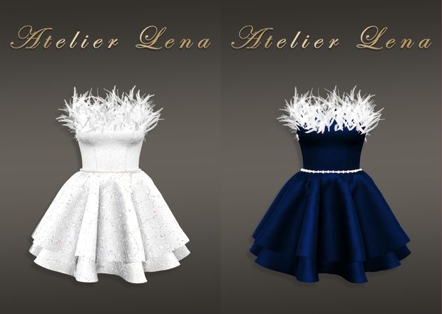 two dresses with feathers on them, one is white and the other is blue in color