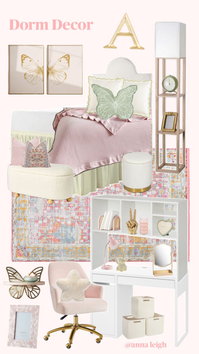 a collage of pink and gold bedroom decor with butterflies on the wall, bookshelf