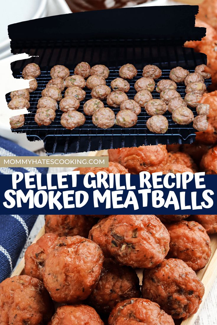 some meatballs are being grilled on a grill with the words pellet grill recipe smoked meatballs