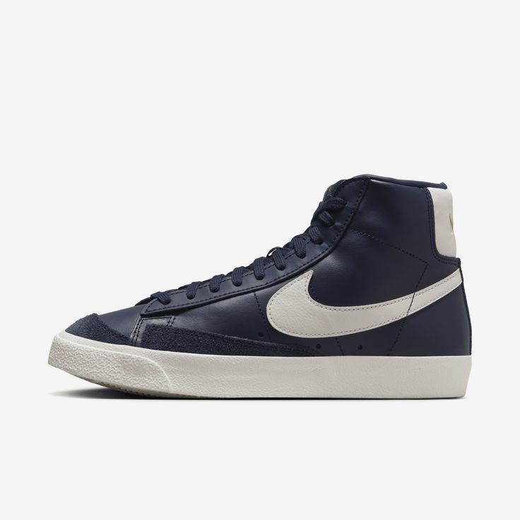 We didn't invent the high top, but we did perfect it. Sleek, simple but never basic, the leather and suede design softens with wear while remaining durable. The Blazer has endured for decades—time to find out why. Nike Blazer Mid 77 Women, Navy Blazer Women, Navy Blazers, Jasmine Wedding, Navy Nike, Nike Blazer Mid 77, Nike Blazer Mid, Nike Blazers Mid, Nike Sneakers Women