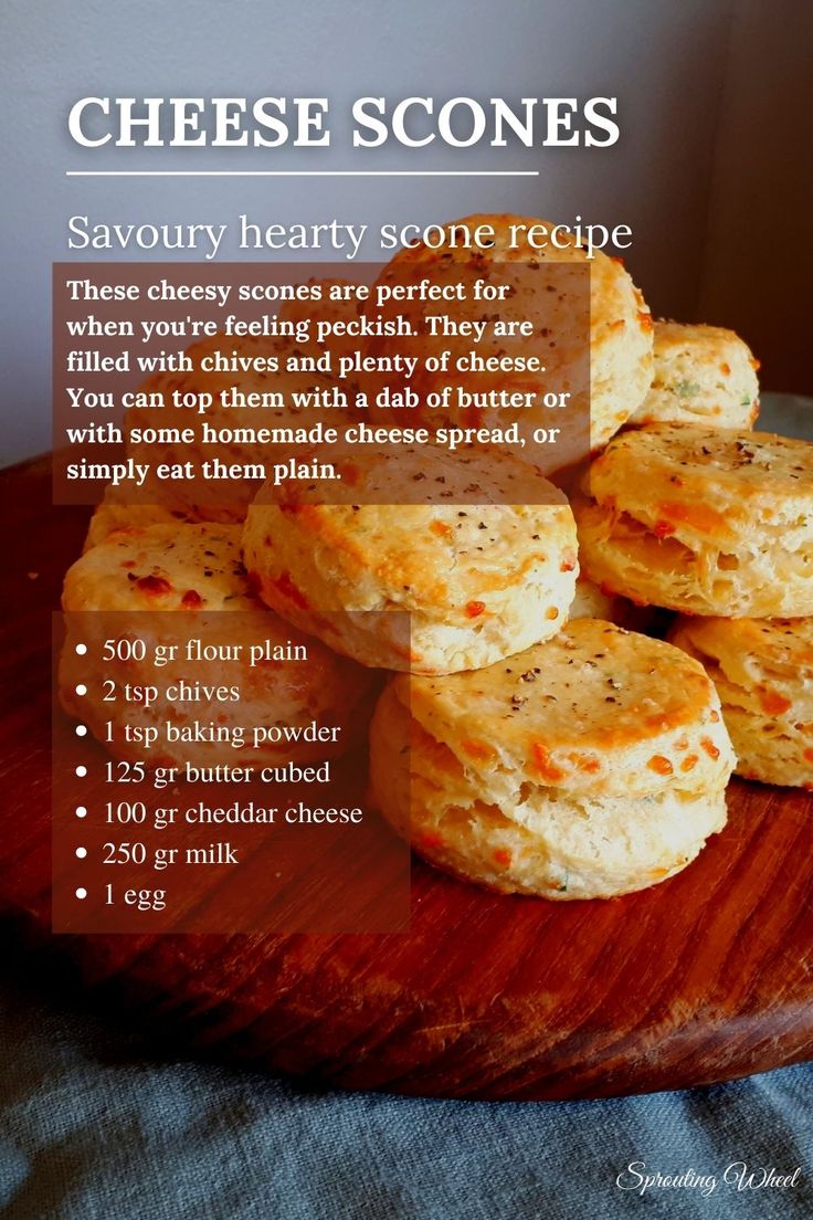 some scones are stacked on top of each other with information about the recipe below