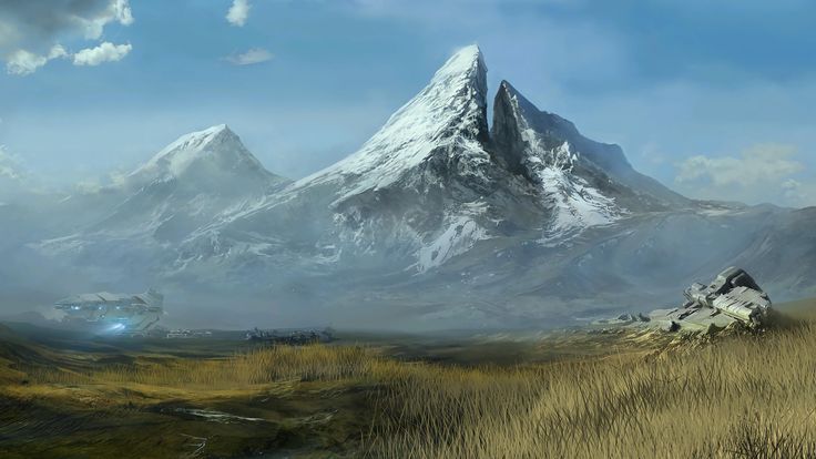 an artist's rendering of a snowy mountain range in the distance with grass and rocks on either side