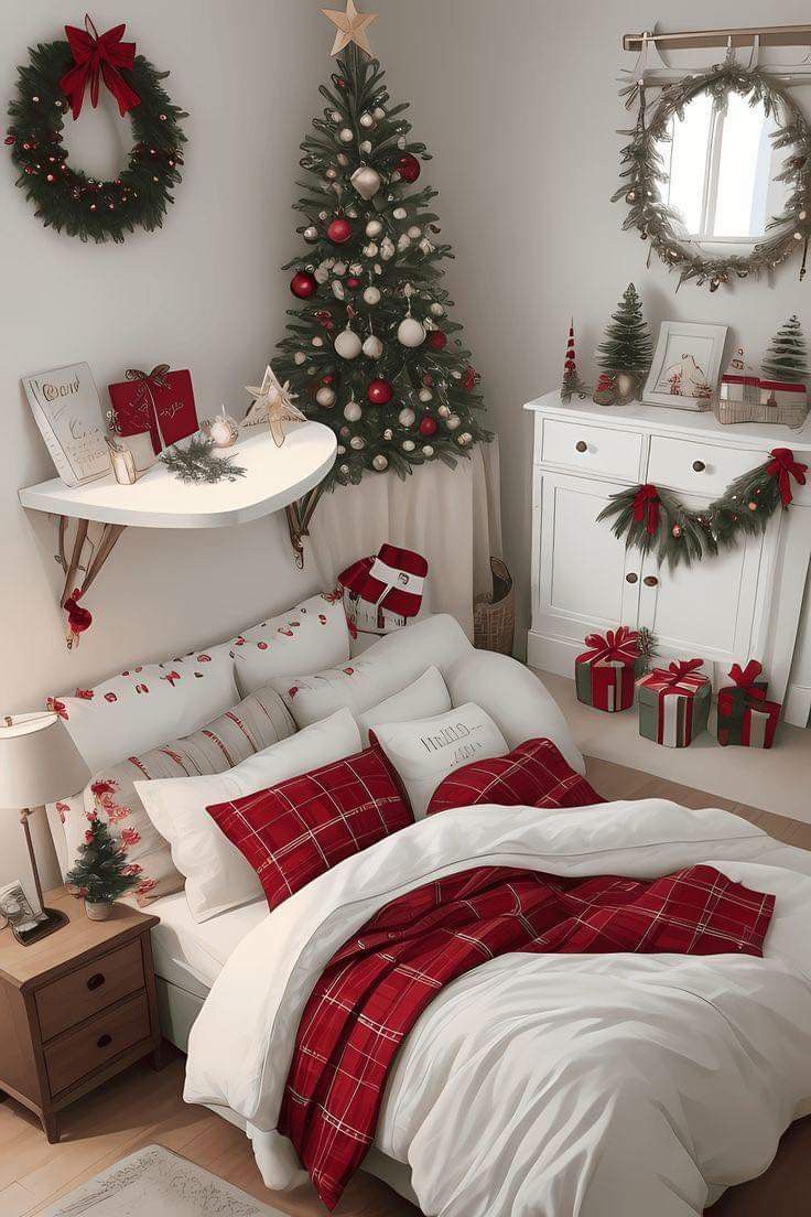 a bedroom decorated for christmas with red and white plaid bedding, wreaths and decorations